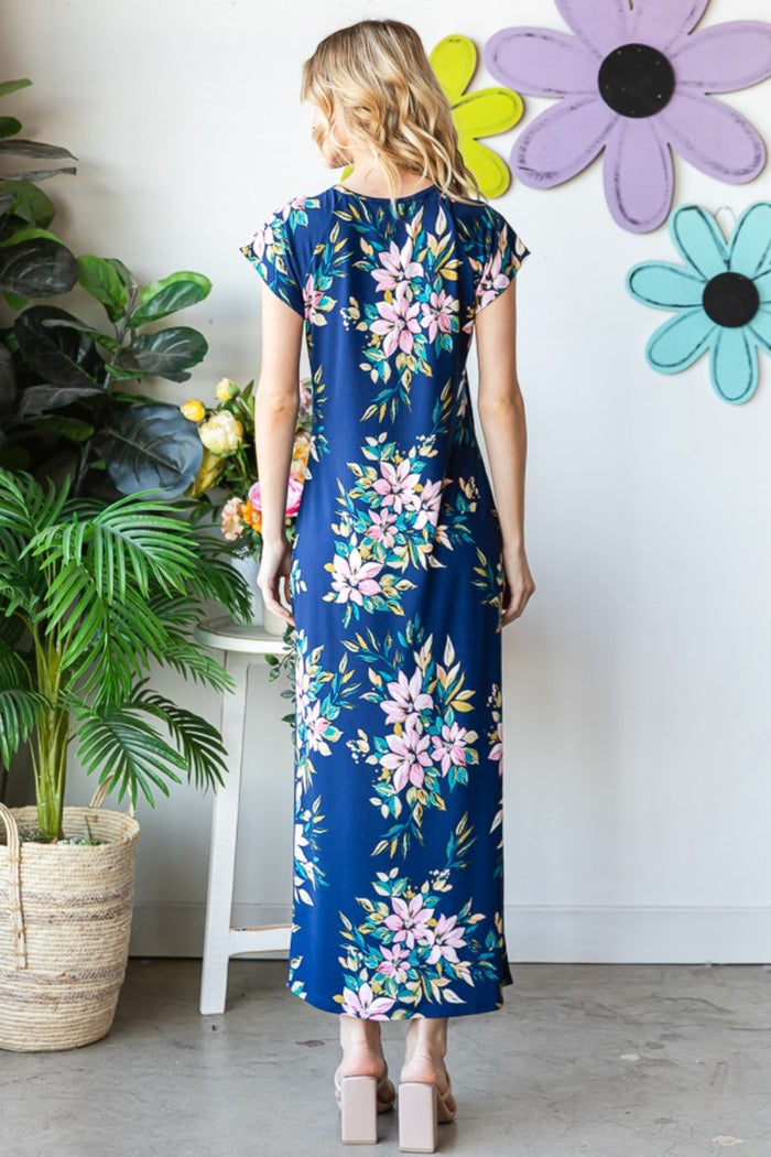 [Heimish] Full Size Floral Short Sleeve Slit Dress
