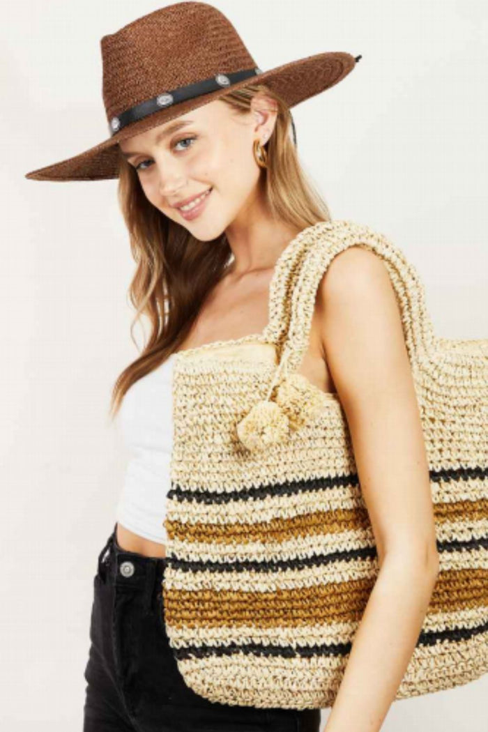 [Fame Accessories] Fame Striped Straw Braided Tote Bag