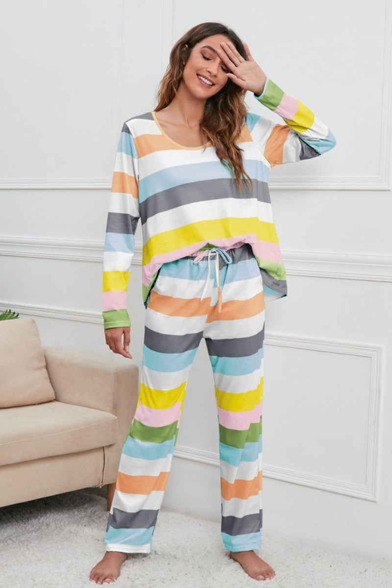 [X.Y.M] Striped Round Neck Long Sleeve Top and Drawstring Pants Lounge Set