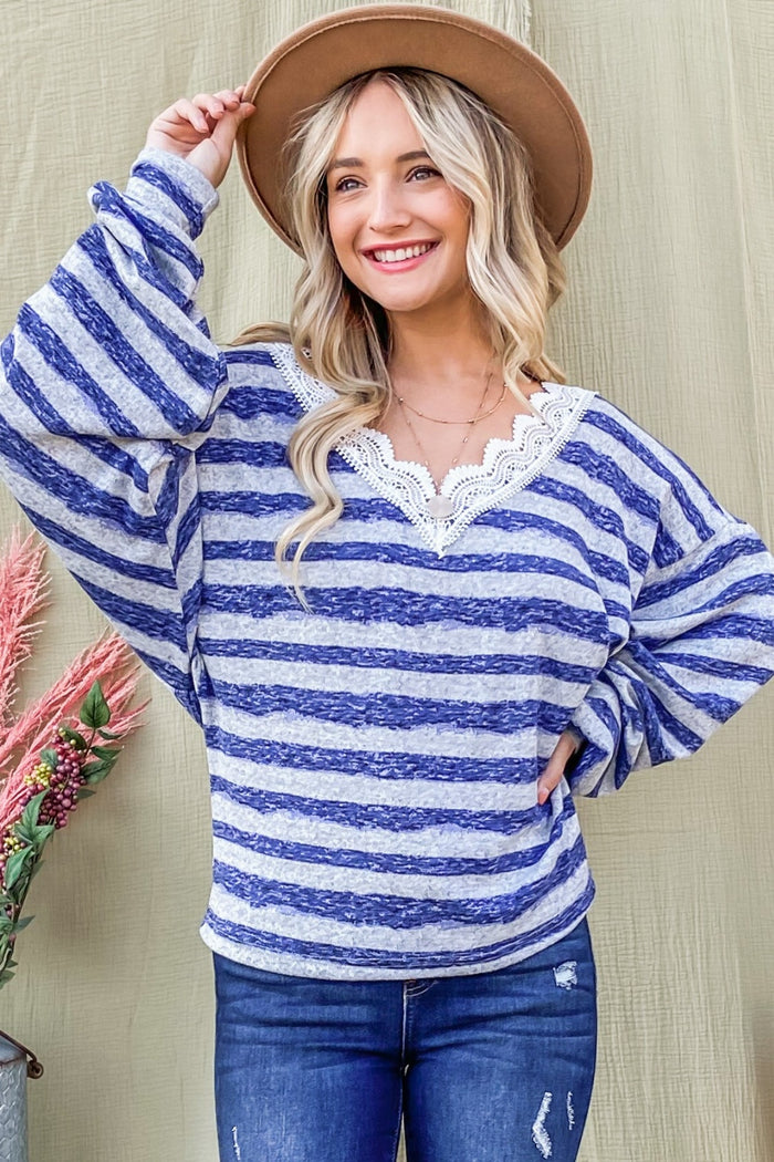 [And The Why] Striped Lace Detail V Neck Top[