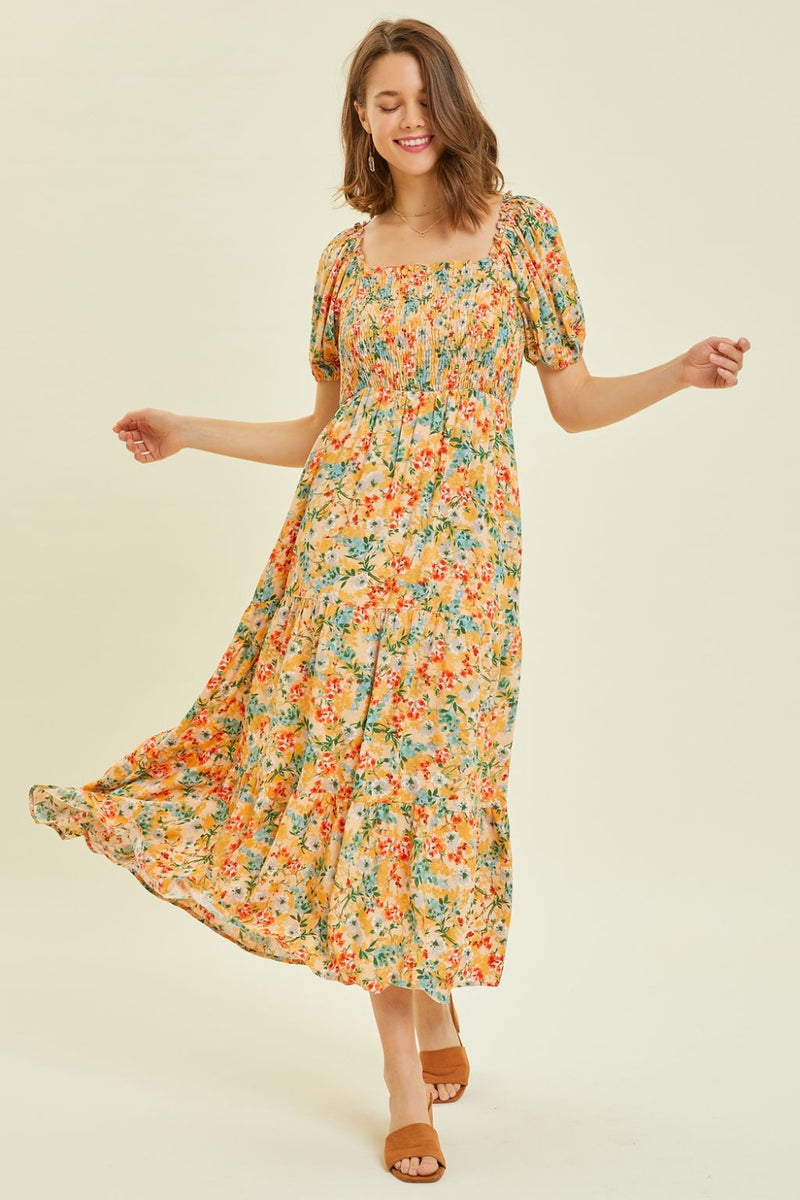 [HEYSON] Floral Smocked Tiered Midi Dress