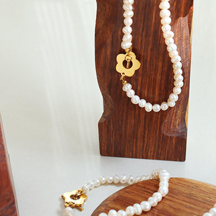 [M^L] Titanium Steel Pearl Flower Bracelet