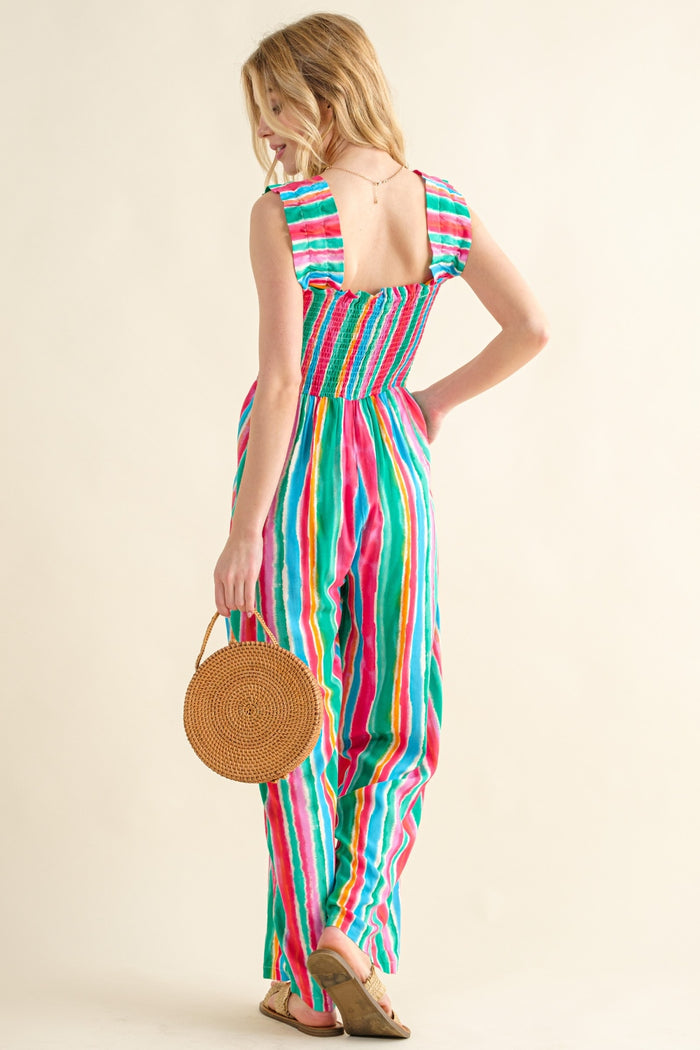 [And The Why] Striped Smocked Sleeveless Jumpsuit
