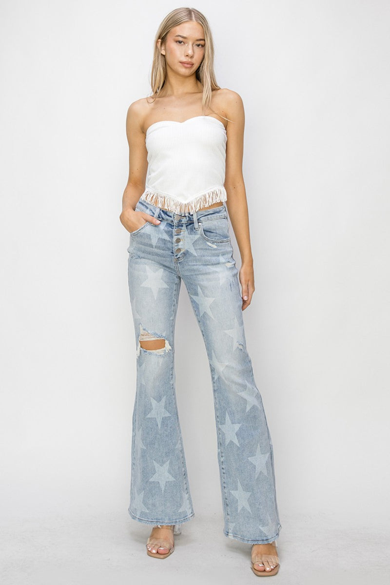 [RISEN] Mid Rise Button Fly Start Print Flare Jeans