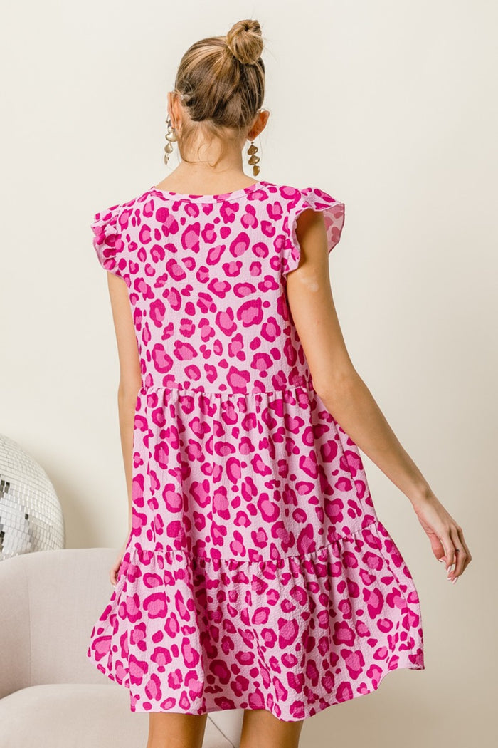 [BiBi] Leopard Cap Sleeve Tiered Mini Dress