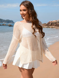 [M&Y] Openwork Slit Boat Neck Long Sleeve Cover-Up