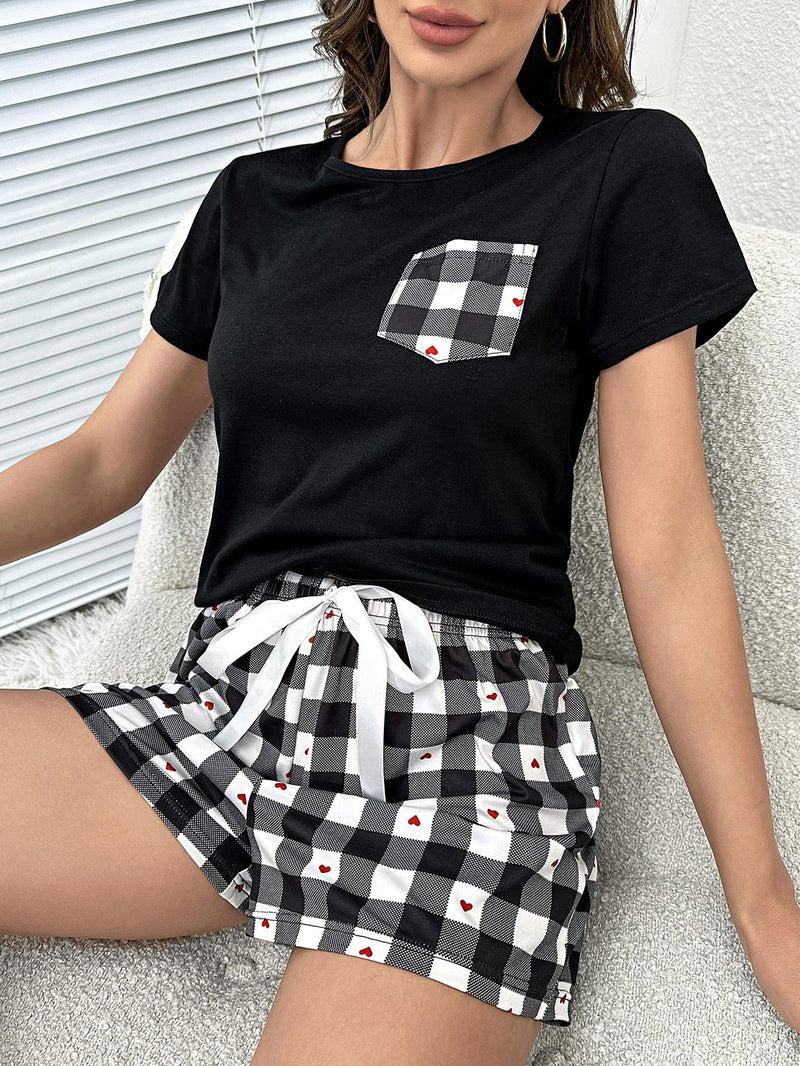 [H2J] Plaid Heart Top and Shorts Lounge Set