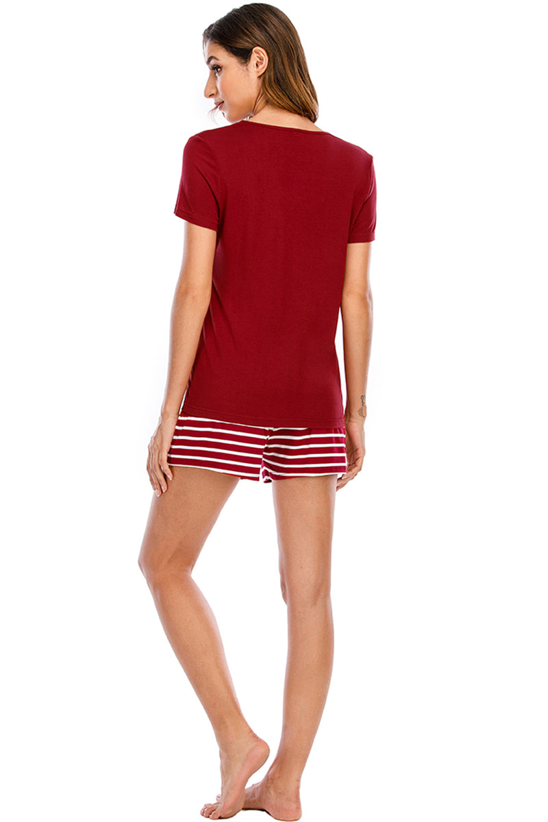 [H#Y] Graphic Round Neck Top and Striped Shorts Lounge Set