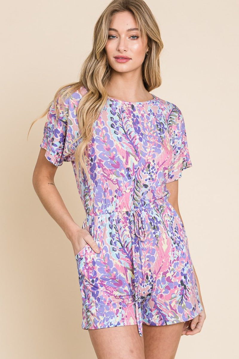 Print Short Sleeve Romper with Pockets