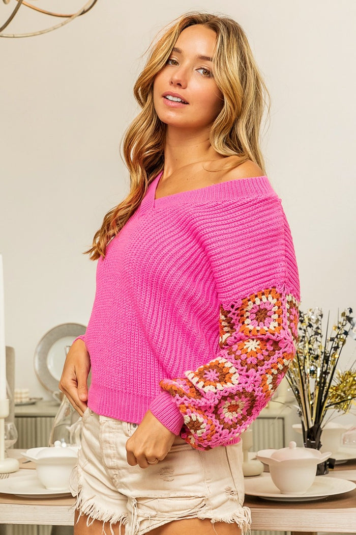 [BiBi] V-Neck Crochet Long Sleeve Sweater