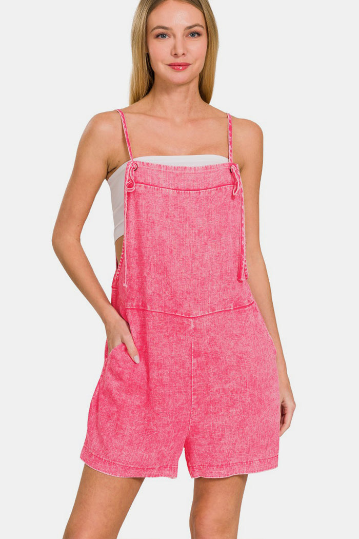 [Zenana] Washed Linen Knot Strap Rompers