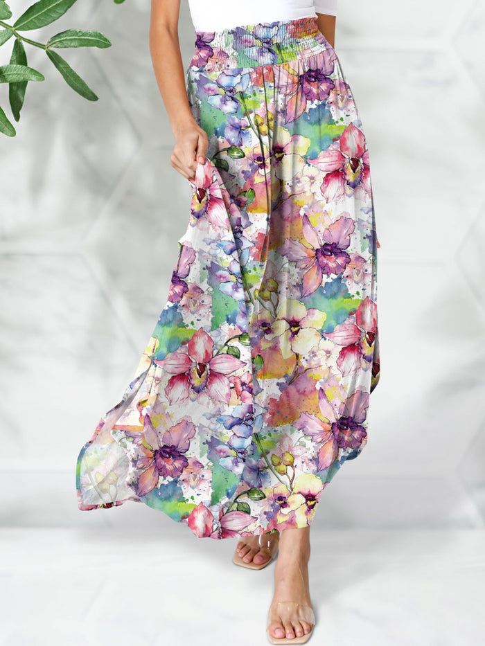 [FAM-FAM] Smocked Printed Elastic Waist Maxi Skirt