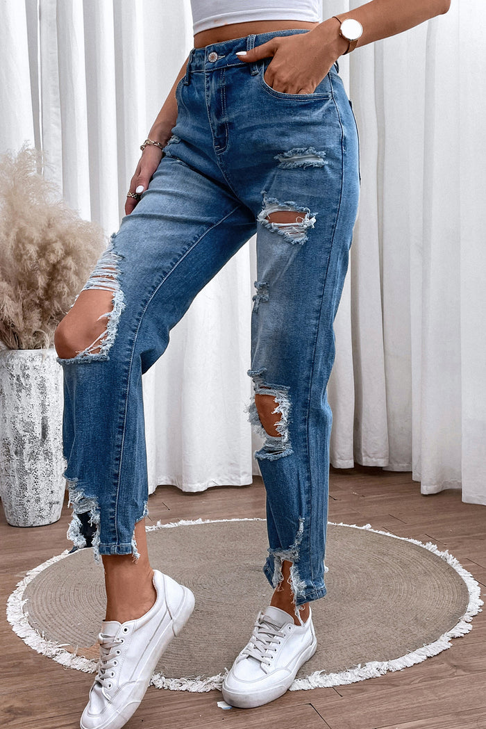 [SYNZ] Distressed Raw Hem Straight Jeans
