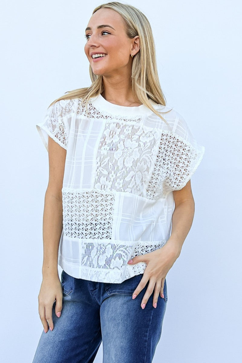 [And The Why] Lace Patchwork Short Sleeve Top and Cami Set