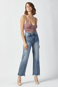 [RISEN] High Waist Raw Hem Straight Jeans