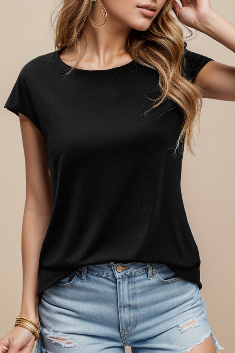 [SYNZ] Pearl Detail Round Neck Short Sleeve Blouse
