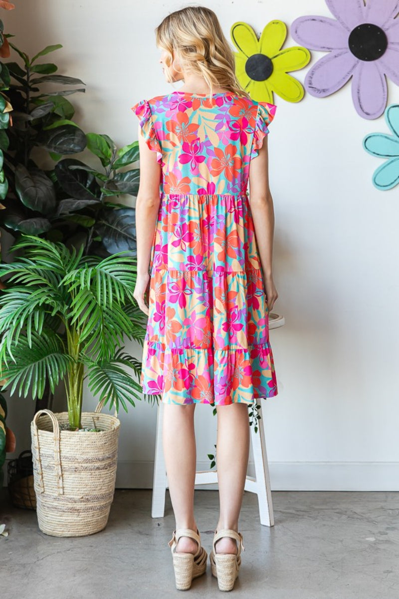 [Heimish] Full Size Floral Cap Sleeve Tiered Dress
