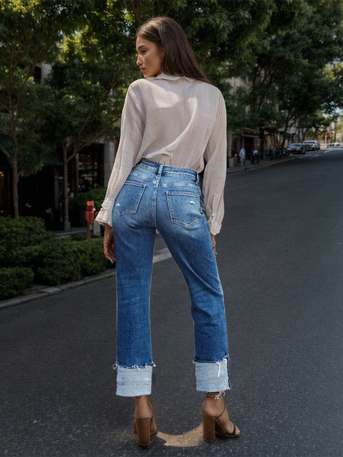 [Y.Y@Denim ] Stepped Waist Raw Hem Rolled Straight Jeans