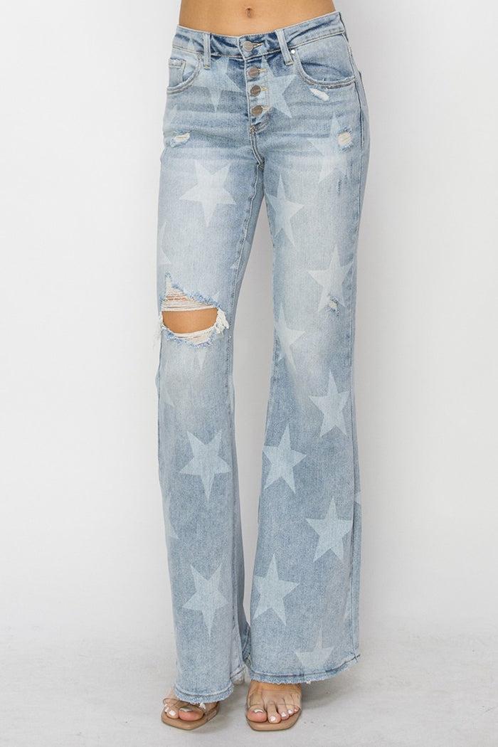 [RISEN] Mid Rise Button Fly Start Print Flare Jeans