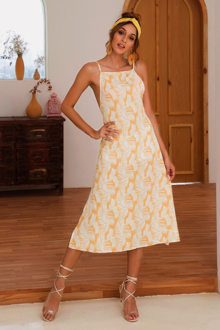 Slit Crisscross Printed Sleeveless Cami Dress