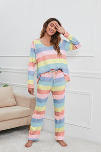[X.Y.M] Striped Round Neck Long Sleeve Top and Drawstring Pants Lounge Set