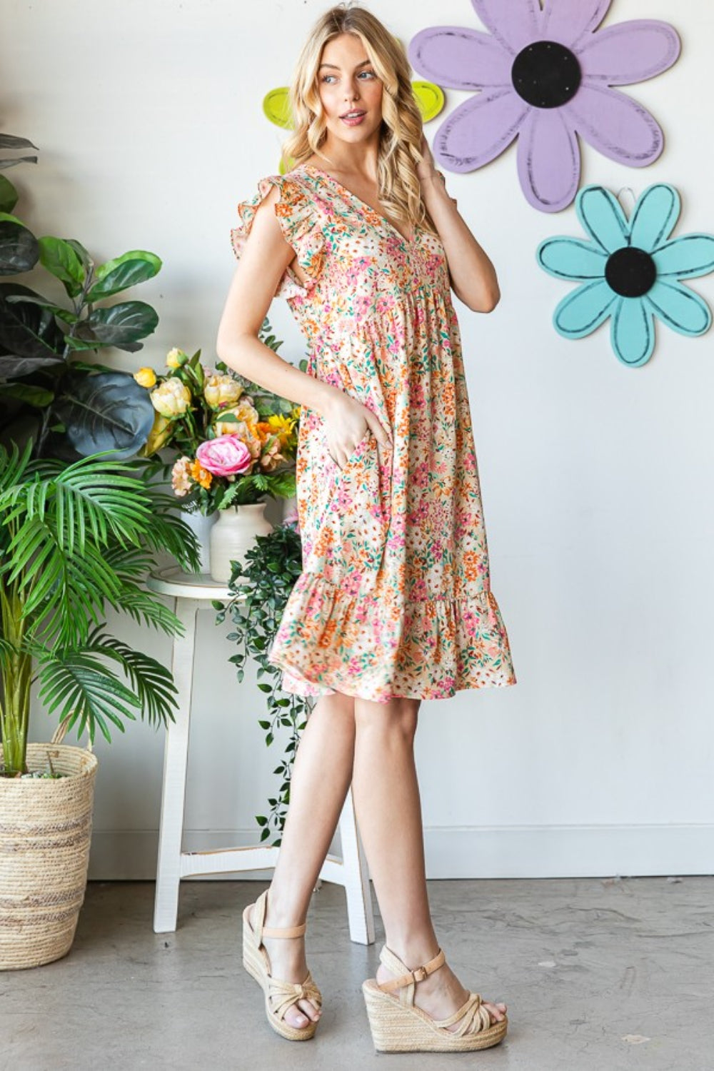 [Heimish] Full Size Floral Ruffled V-Neck Dress