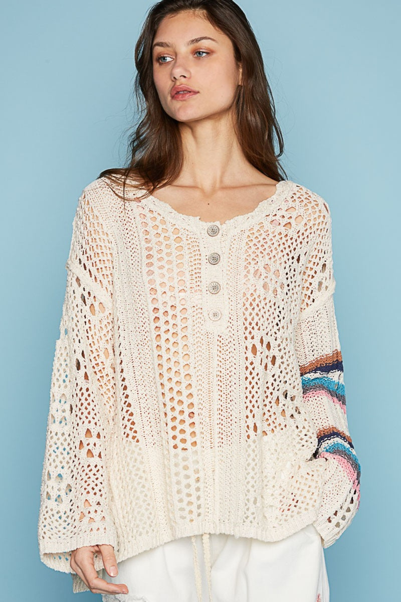Round Neck Striped Long Sleeve Knit Cover Up