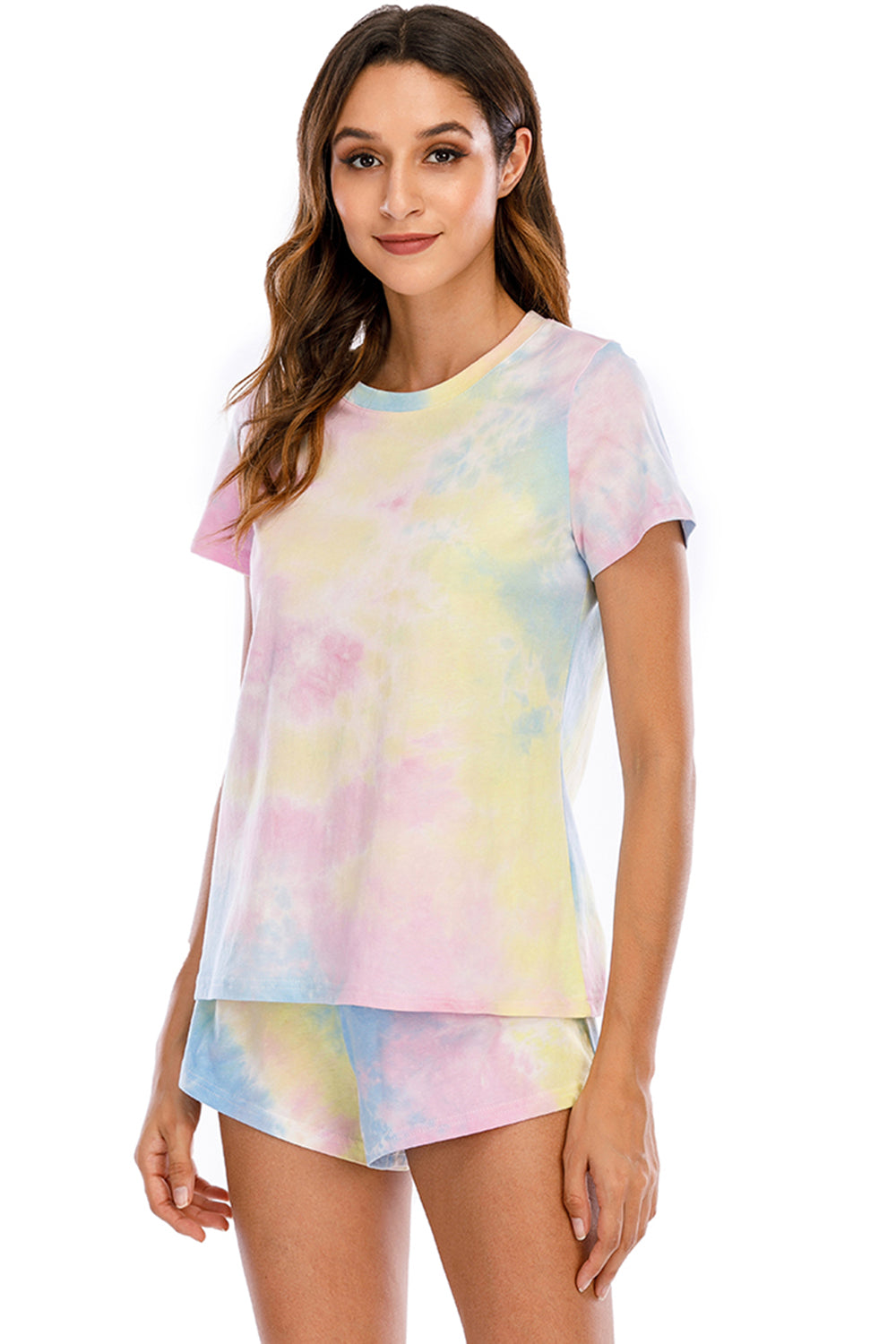 [H#Y] Tie-Dye Round Neck Short Sleeve Top and Shorts Lounge Set
