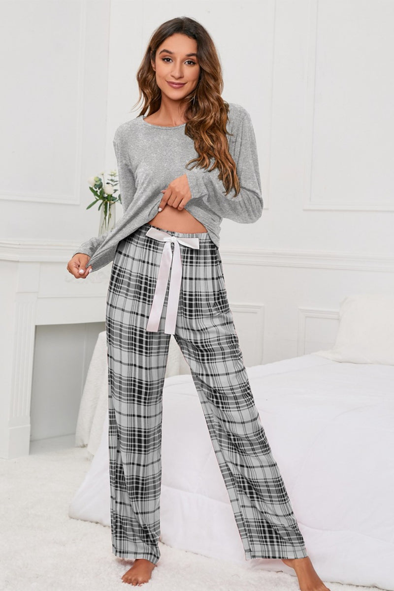 [X.Y.M] Round Neck Long Sleeve Top and Bow Plaid Pants Lounge Set