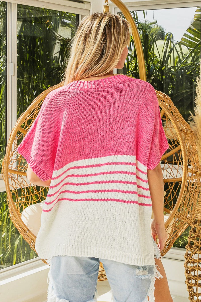 [BiBi] Contrast Stripe Short Sleeve V-Neck Sweater