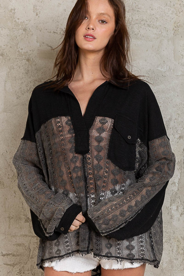 Johnny Collar Long Sleeve Lace Blouse