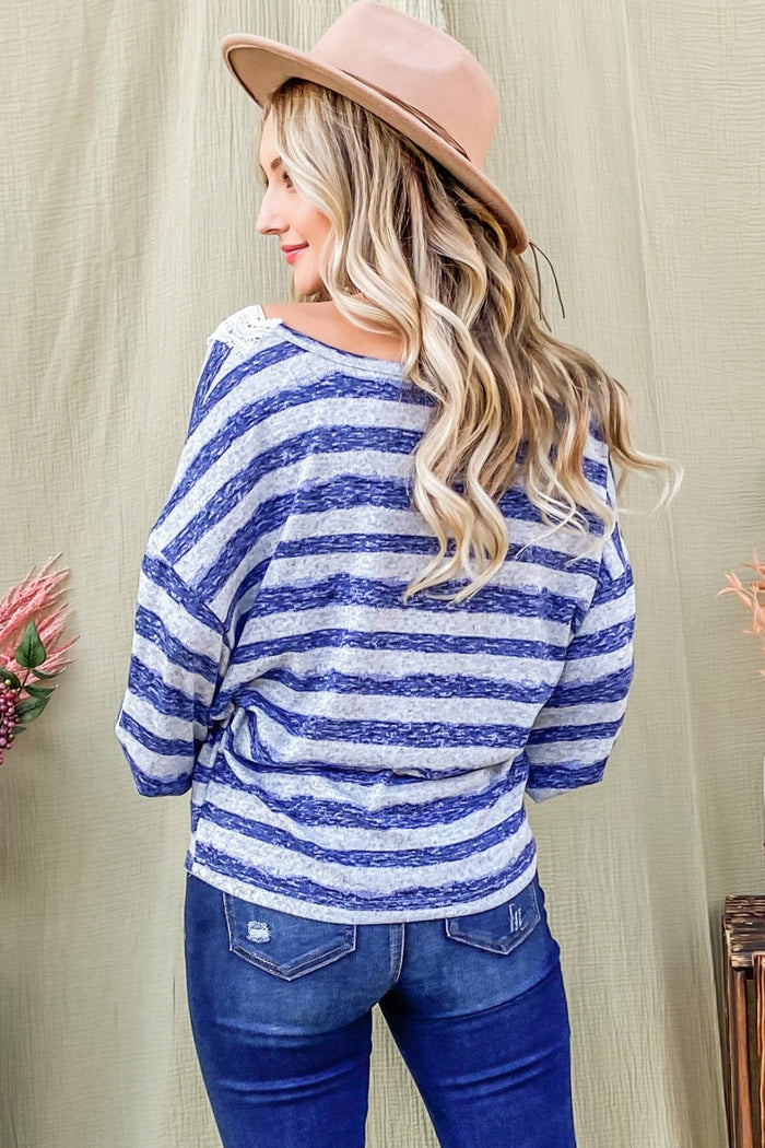 [And The Why] Striped Lace Detail V Neck Top[