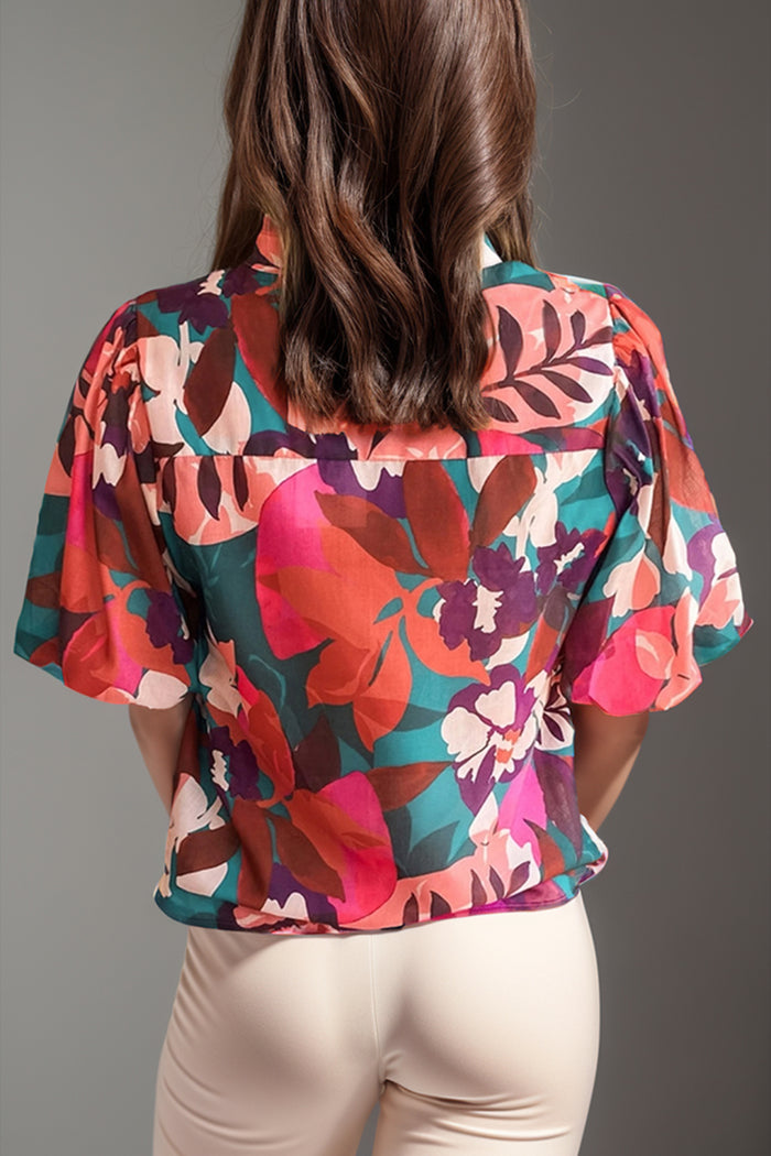 [SYNZ] Printed Notched Puff Sleeve Blouse