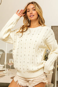 [BiBi] Pearl & Rhinestone Decor Long Sleeve Sweater