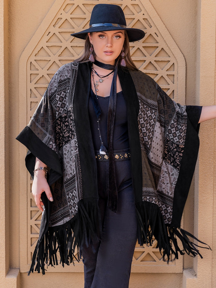 [H.R.Z] Plus Size Printed Fringe Open Front Outerwear