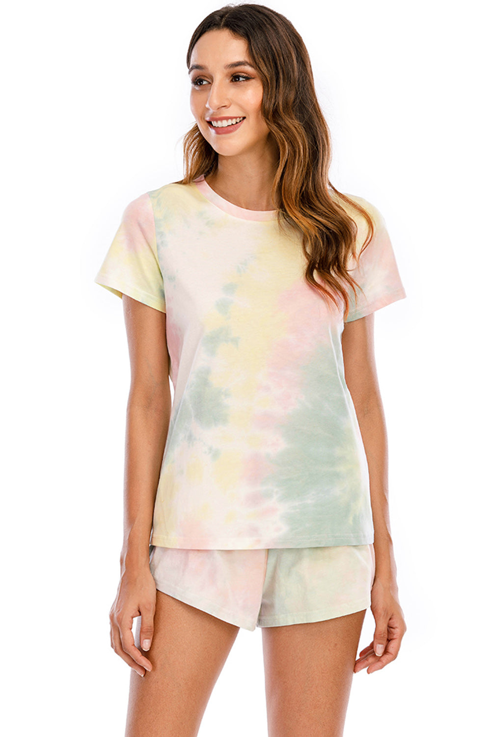 [H#Y] Tie-Dye Round Neck Short Sleeve Top and Shorts Lounge Set