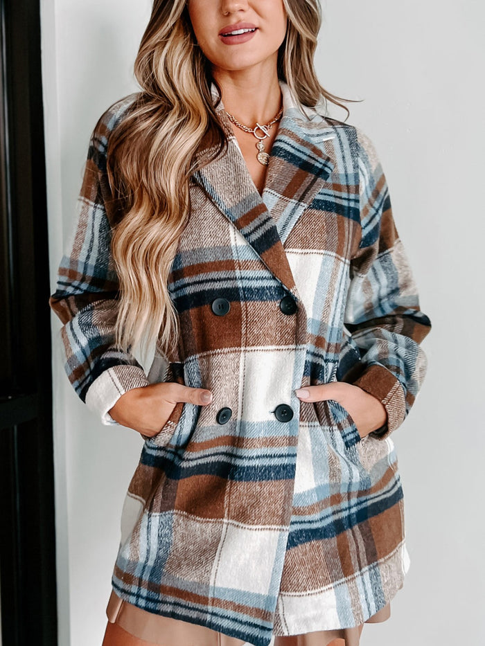 [Y@M] Plaid Double-Breasted Long Sleeve Coat