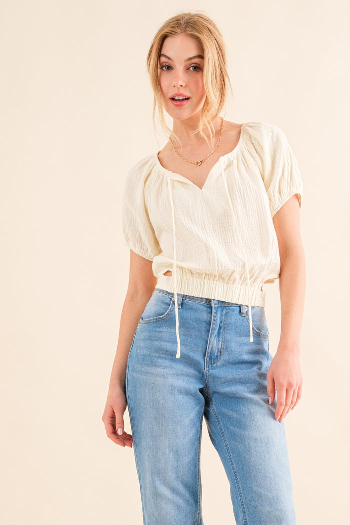 [And The Why] Back Waist Tie Cropped Blouse