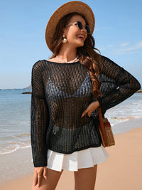 [M&Y] Openwork Slit Boat Neck Long Sleeve Cover-Up