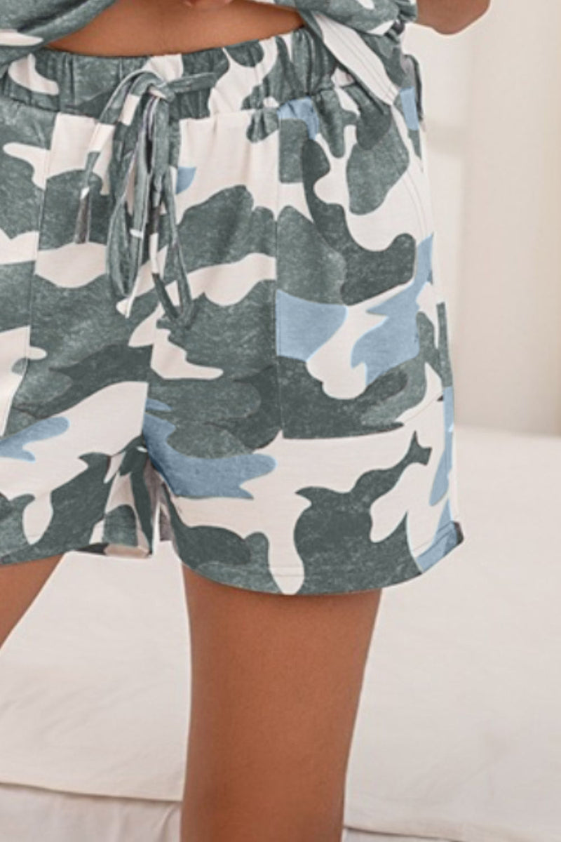 [X.Y.M] Camouflage V-Neck Top and Drawstring Shorts Lounge Set