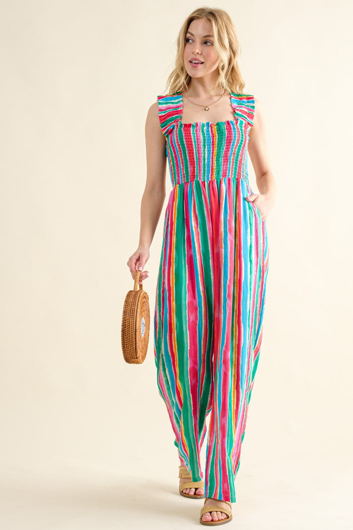 [And The Why] Striped Smocked Sleeveless Jumpsuit