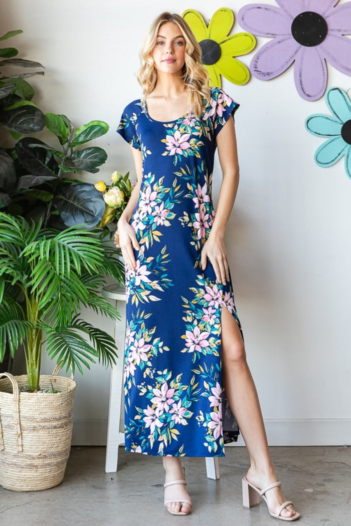 [Heimish] Full Size Floral Short Sleeve Slit Dress