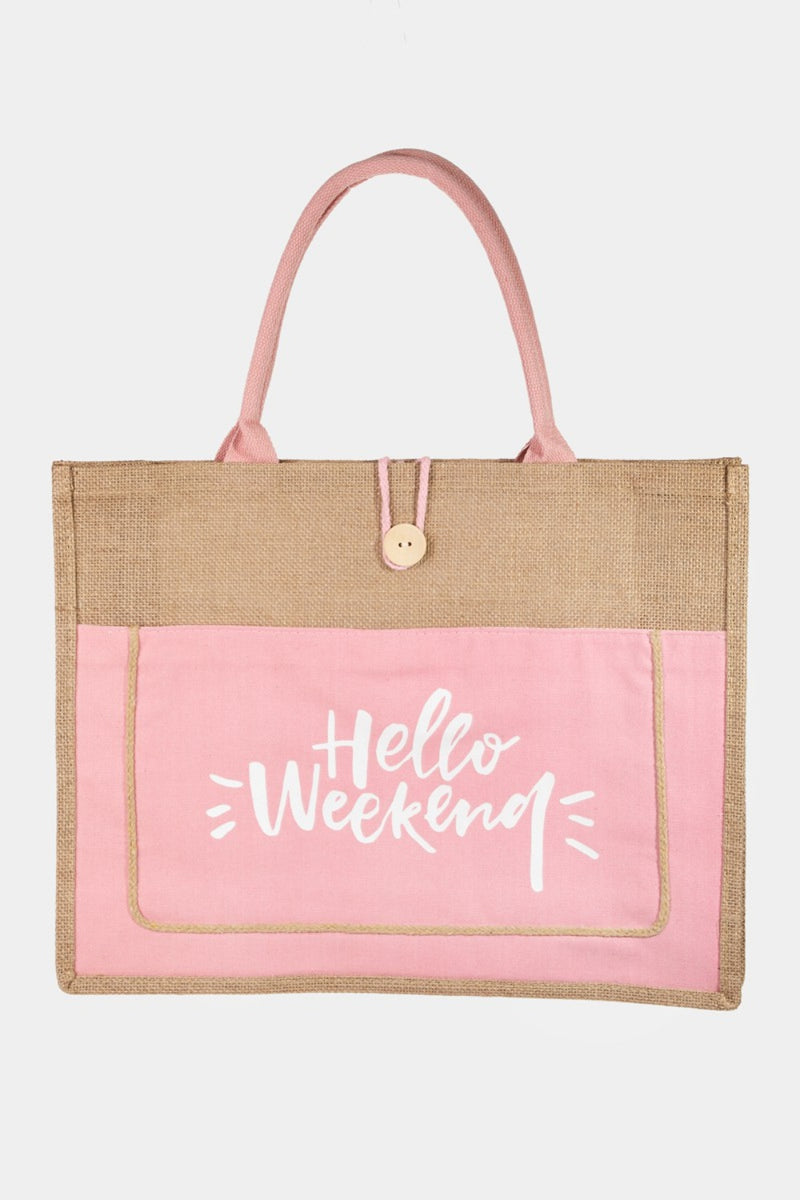 [Fame Accessories] Fame Hello Weekend Burlap Tote Bag