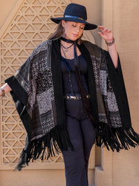 [H.R.Z] Plus Size Printed Fringe Open Front Outerwear