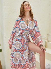 [H.R.Z] Tied Printed Open Front Long Sleeve Cover Up