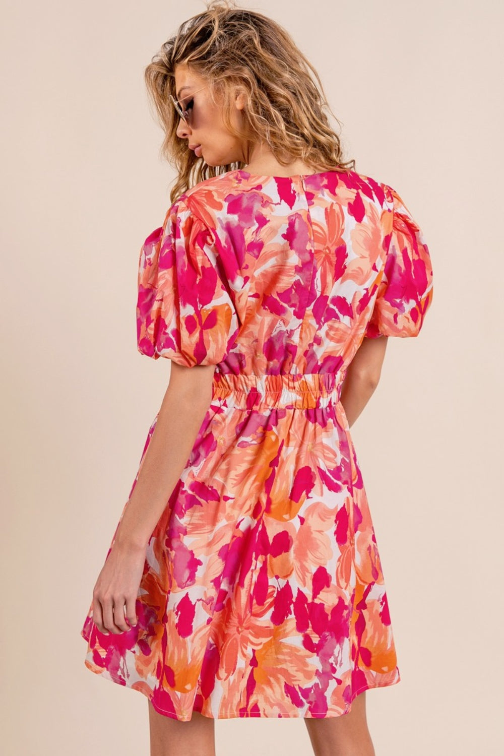 [BiBi] Floral V-Neck Puff Sleeve Mini Dress