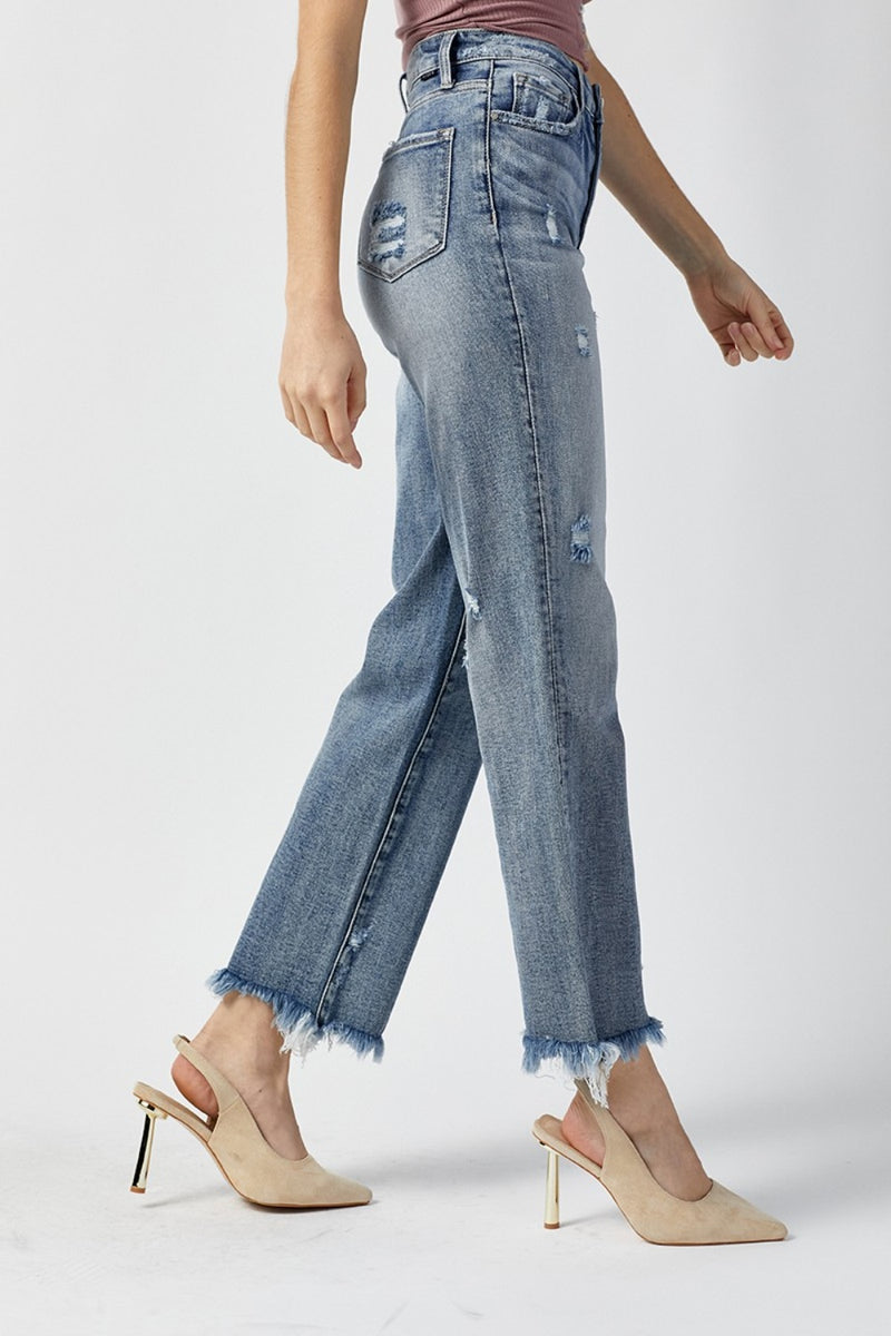 [RISEN] High Waist Raw Hem Straight Jeans