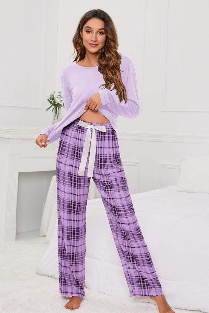 [X.Y.M] Round Neck Long Sleeve Top and Bow Plaid Pants Lounge Set