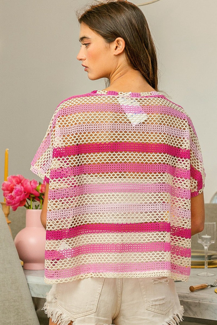 Striped Openwork Short Sleeve Knit Cover Up
