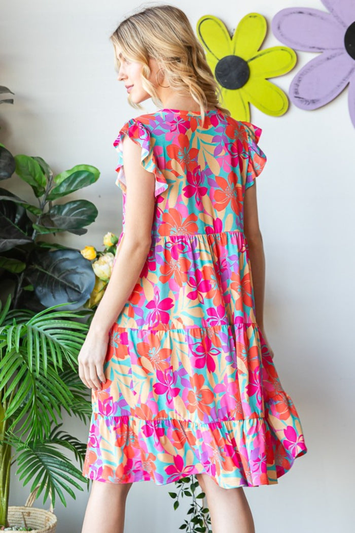 [Heimish] Full Size Floral Cap Sleeve Tiered Dress